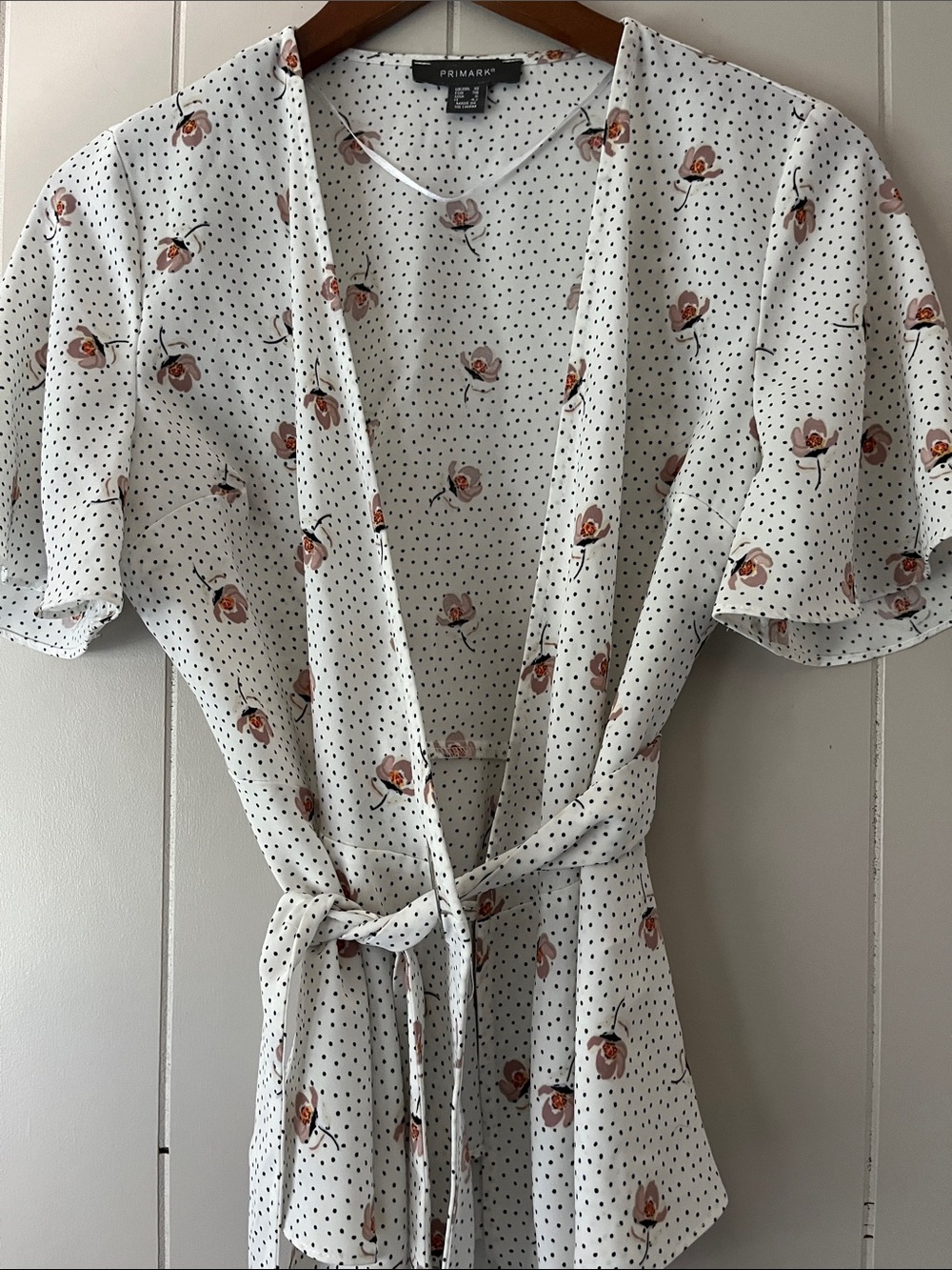 Primark White Wrap Top with Pink Floral & Black Polka Dots